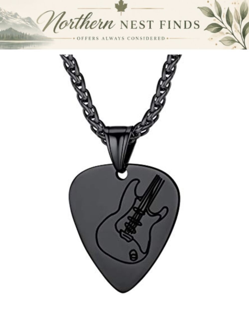 316L Stainless Steel Guitar Pick Necklace Music Note Pendant Spiga Wheat Chain